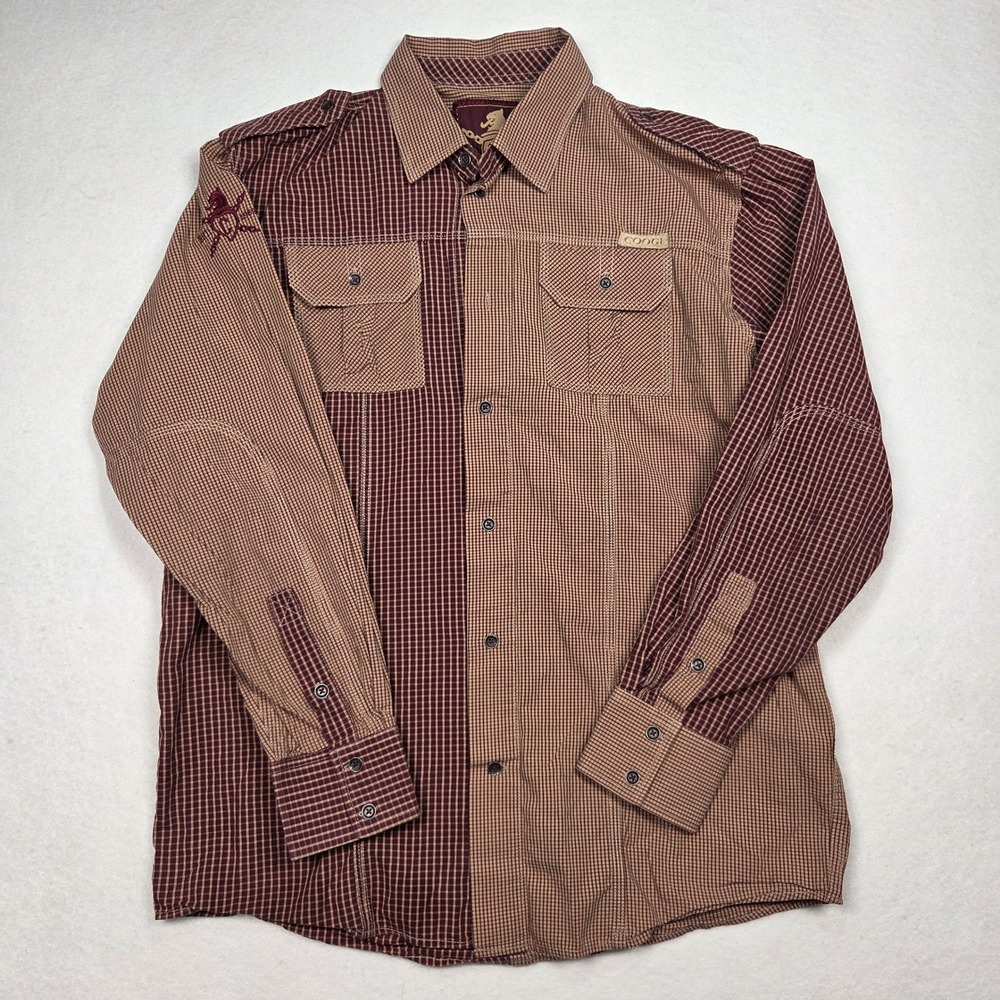 Vtg Coogi Button Down Shirt Mens Large Burgundy Tan Split Checkered Long Sleeve